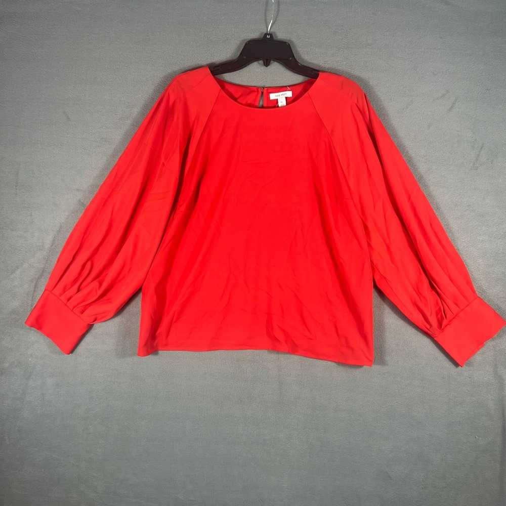 Nine West Womens Blouse XL Red Solid Loose Fit Long Balloon Sleeve Pleated Cuff